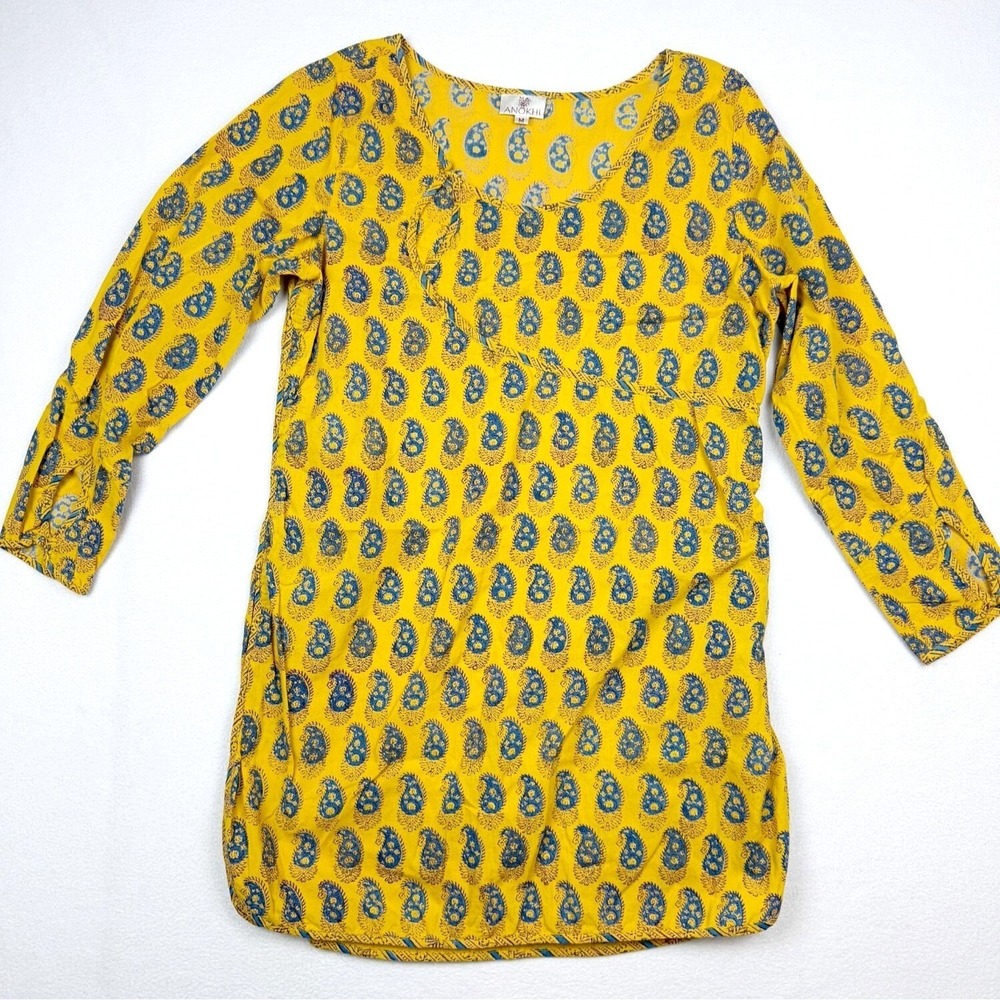 Anokhi Tunic Shirt Paisley Print Top Size M Womens Blue/Gold